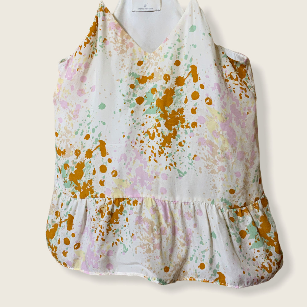 Line & Dot White Silk Watercolor Print Halter Camisole XS